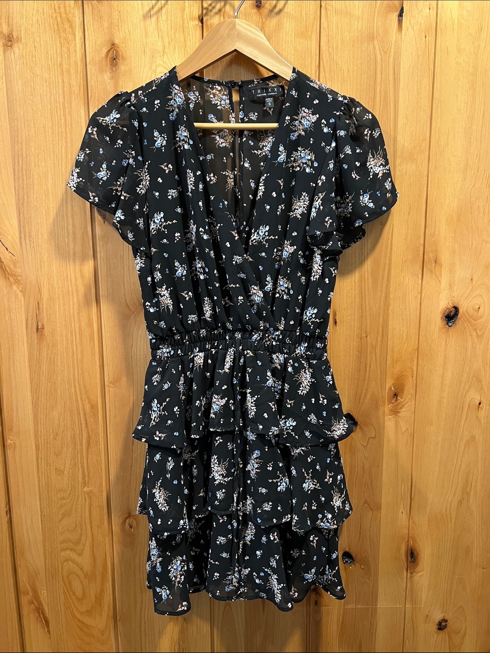 Trixxi Black Floral Tiered V-Neck Dress with Blue & White Accents - Women’s S
